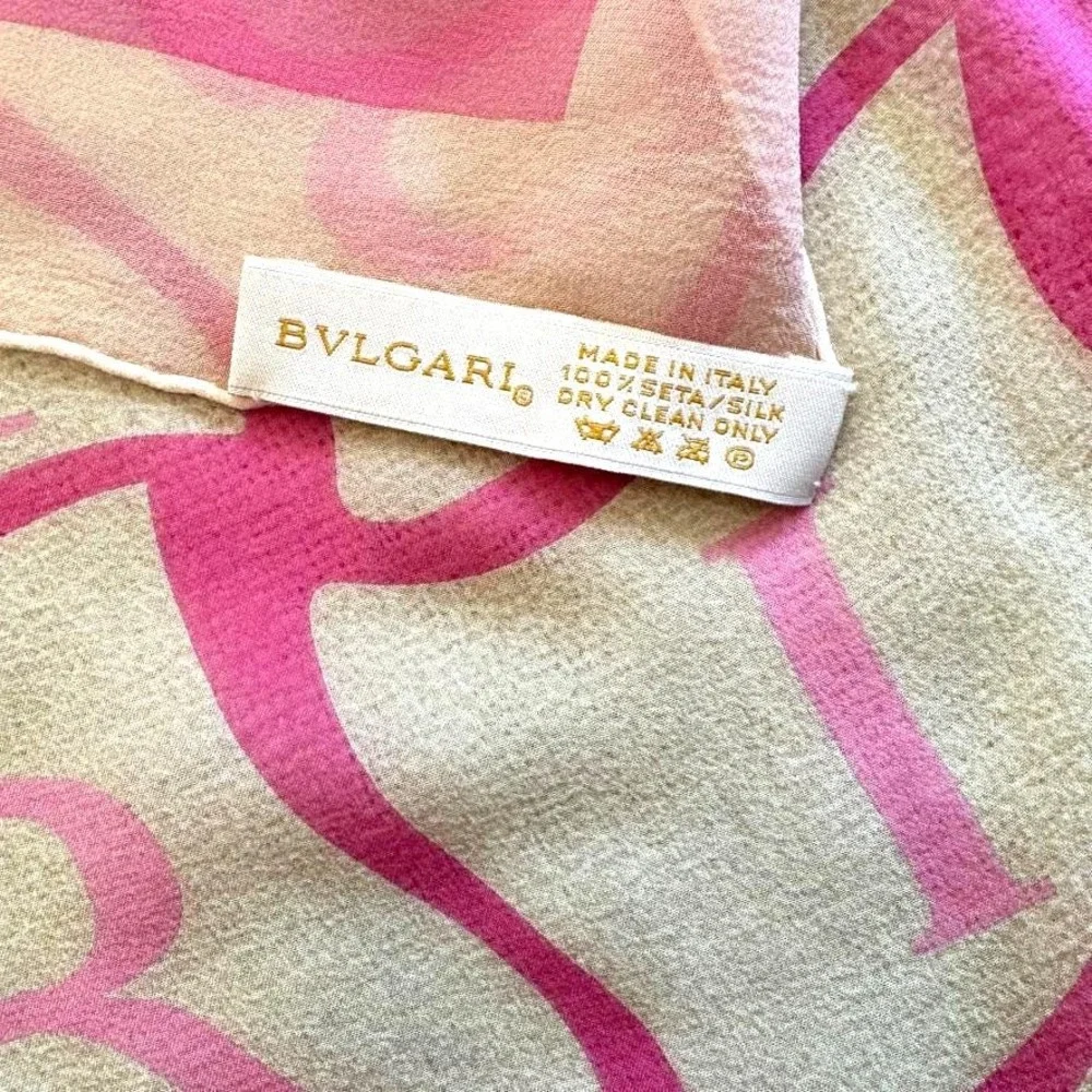 Vintage Bvlgari Pink and Cream Logo Sheer Silk Scarf‎ Made in Italy 80s 90s